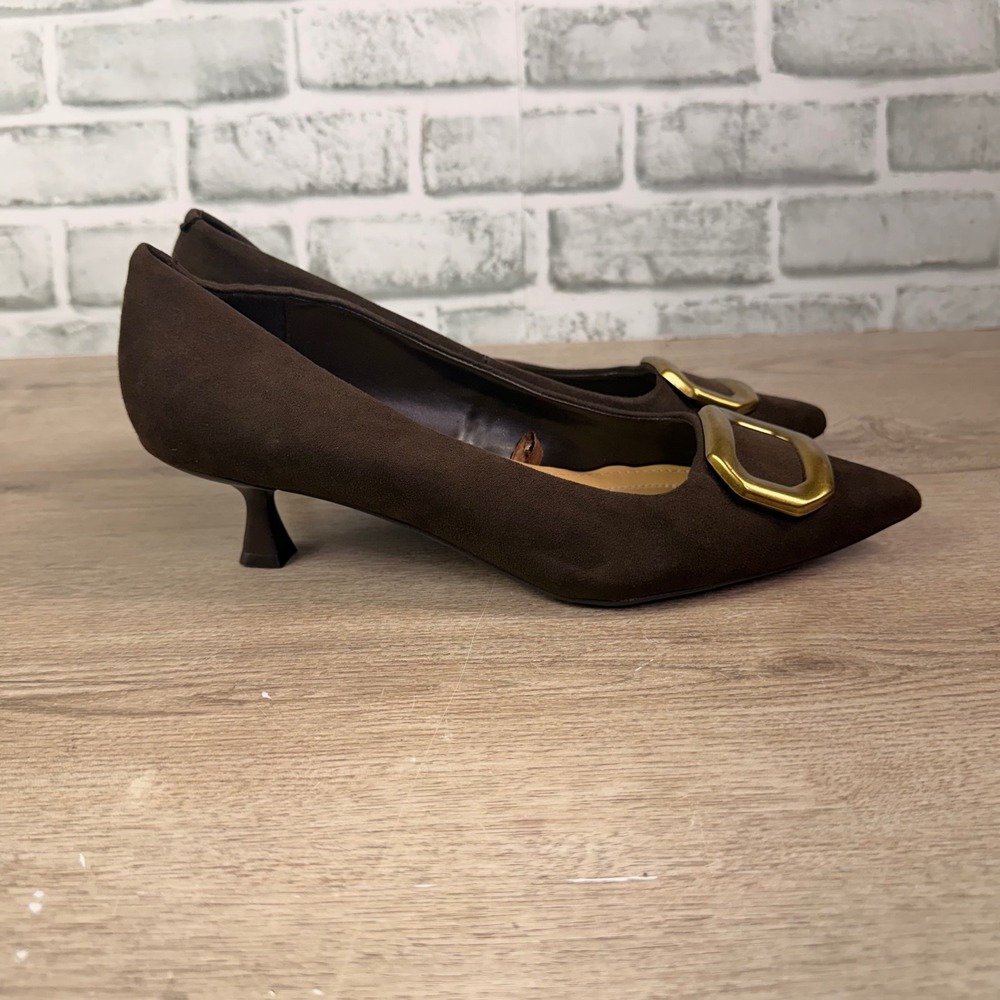 Nine West Kitten Heel Pointed Toe Buckle Suede Brown Womens 9